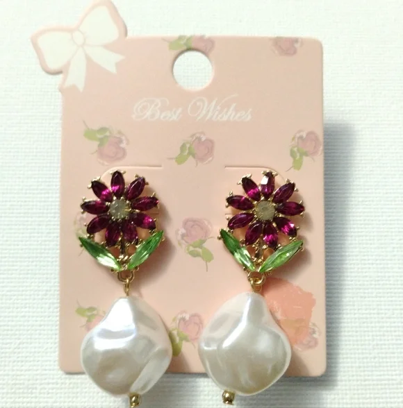 New Floral Gemstone and Faux Pearl Drop Earrings - Picture 2 of 6